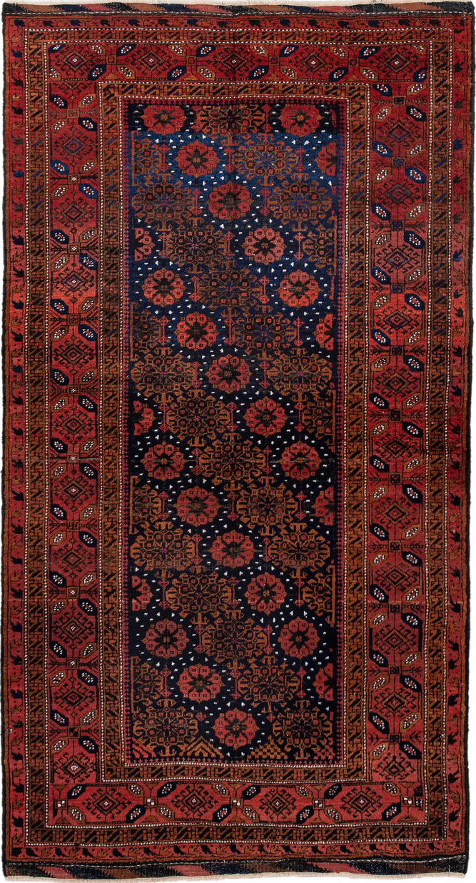 3' x 7' one-of-a-kind handmade vintage Belouch rug. Color palette: blue, brown, dim gray, gray, light gray, off-white