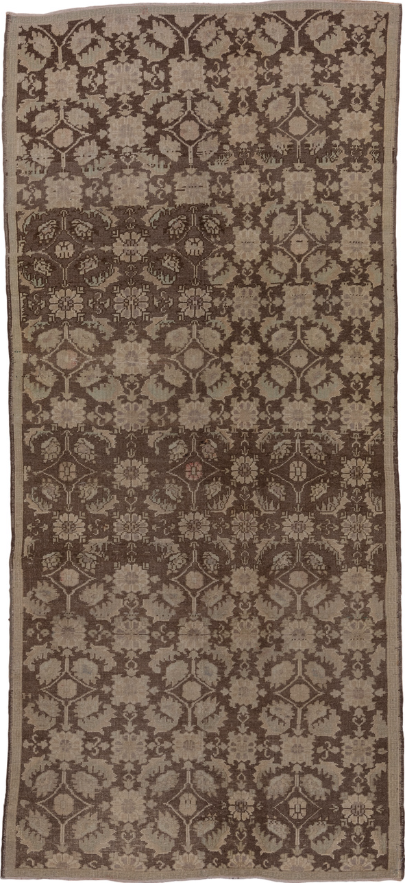 4' x 10' one-of-a-kind handmade vintage Oushak runner rug. Color palette: brown, gray, light gray