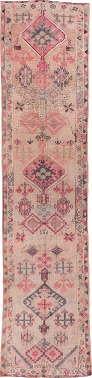 2' x 12' one-of-a-kind handmade vintage Oushak runner rug. Color palette: brown, gray, light gray, off-white, pink, red