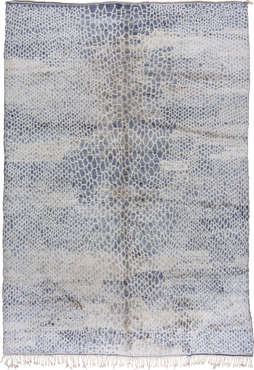 10' x 15' one-of-a-kind handmade vintage Moroccan rug. Color palette: black, blue, dark gray, dim gray, gainsboro, gray