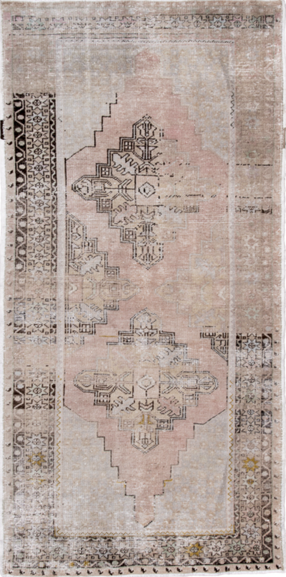 3' x 7' one-of-a-kind handmade vintage Oushak runner rug. Color palette: black, gray, light gray, off-white, pink, silver