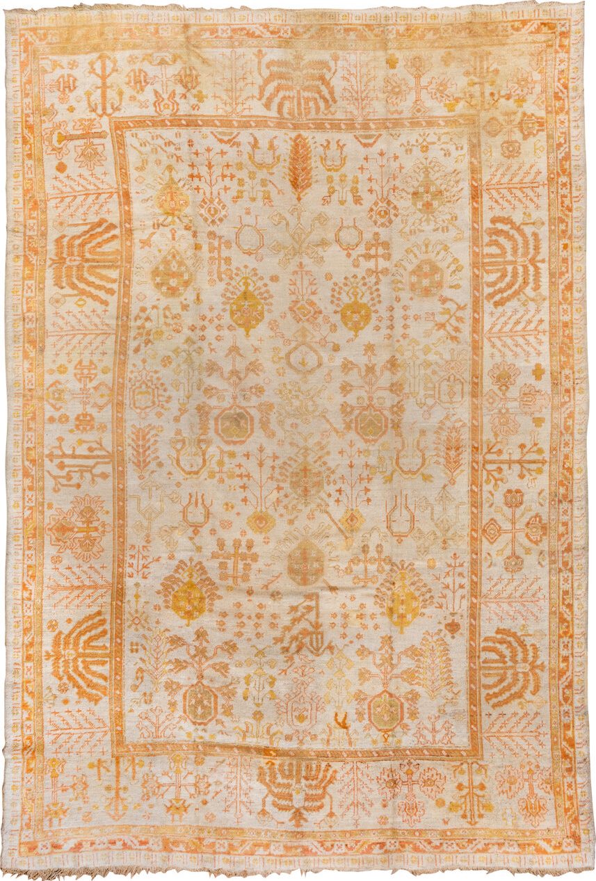 9' x 13' one-of-a-kind handmade vintage Oushak large size rug. Color palette: brown, gainsboro, gray, light gray, off-white