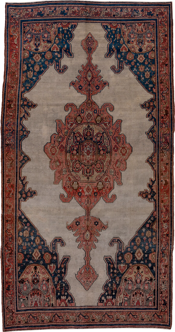 6' x 11' one-of-a-kind handmade vintage Malayer large size rug. Color palette: black, blue, brown, gray, pink, red, redwood