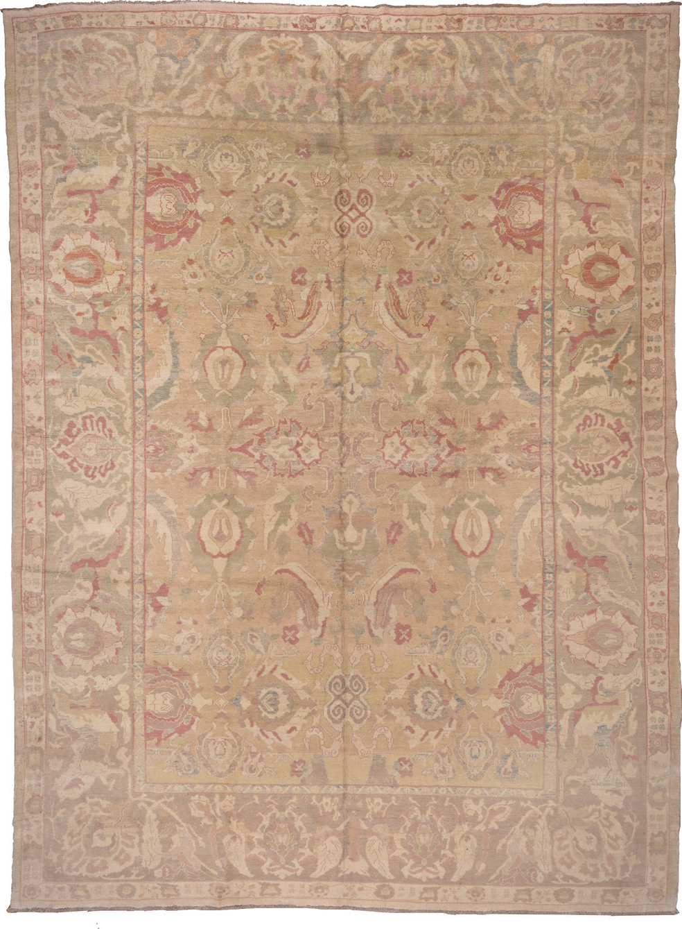 12' x 16' one-of-a-kind handmade vintage Sultanabad oversize rug. Color palette: brown, gray, off-white, orange, pink, tan