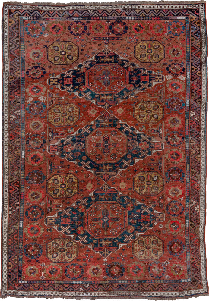 6' x 9' one-of-a-kind handmade vintage Sumak medium size rug. Color palette: blue, brown, dark gray, gray, indian red, pink