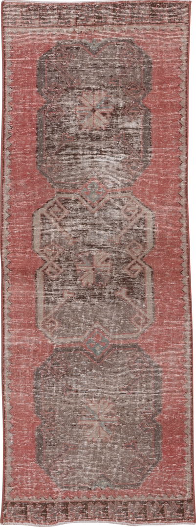 2' x 7' one-of-a-kind handmade vintage Oushak runner rug. Color palette: brown, gray, light gray, off-white, pink, red