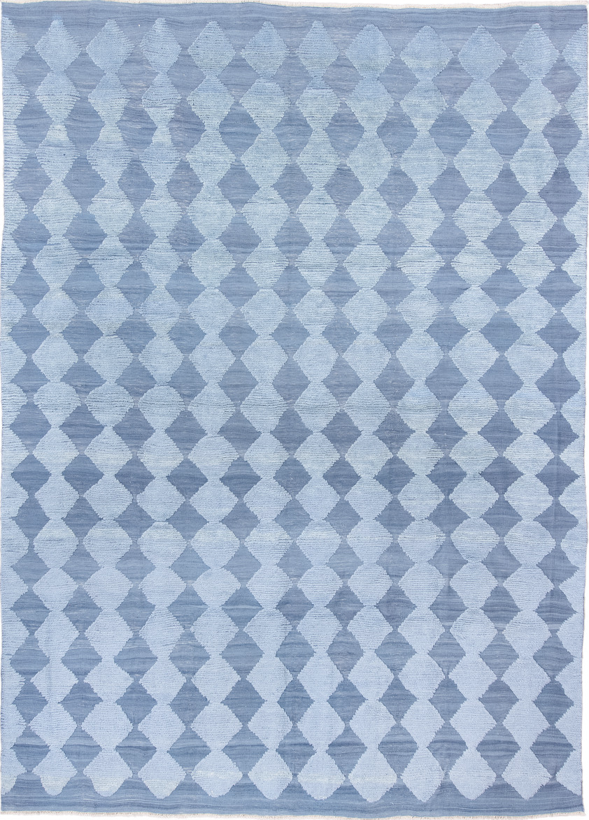 9' x 12' one-of-a-kind handmade vintage Tulu large size rug. Color palette: blue, gray, light blue, light gray