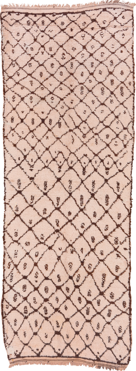 4' x 13' one-of-a-kind handmade vintage Moroccan runner rug. Color palette: brown, pink, orange, off-white, gray, redwood