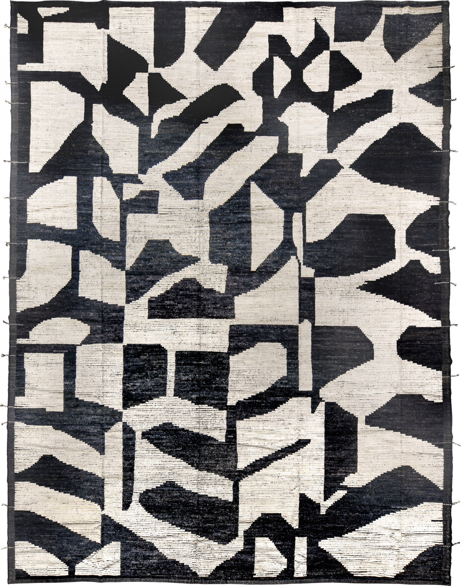 14' x 18' one-of-a-kind handmade vintage Tulu oversize rug. Color palette: black, blue, dark gray, dim gray, gainsboro, gray