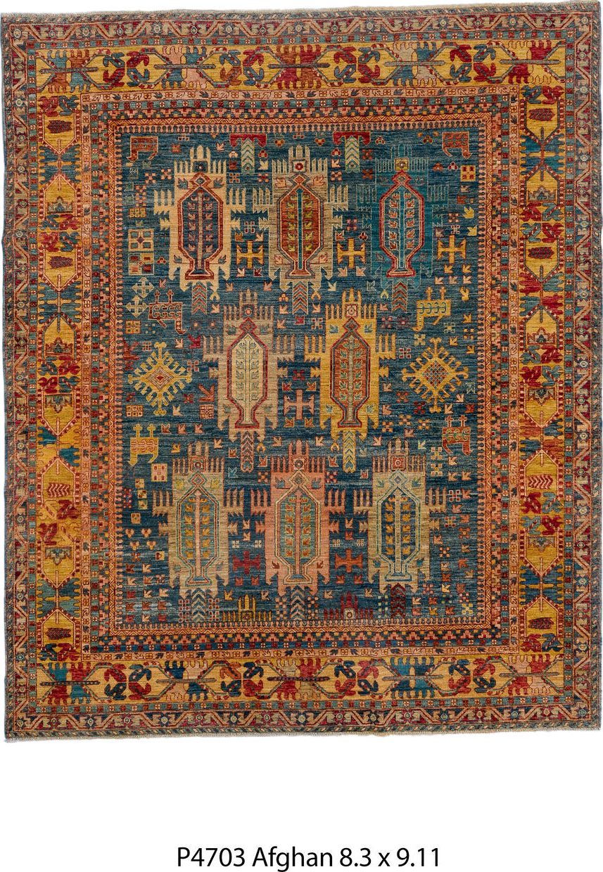 8' x 9' one-of-a-kind handmade vintage Afghan rug. Color palette: arapawa, black, blue, brown, charcoal, gray, light gray