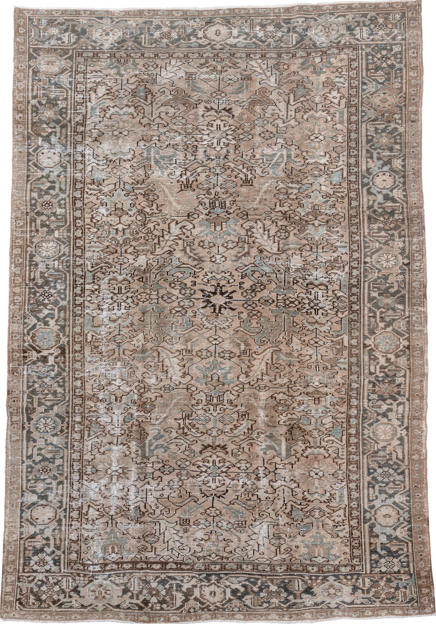 7' x 10' one-of-a-kind handmade vintage Heriz large size rug. Color palette: brown, gainsboro, ghost white, gray, light gray