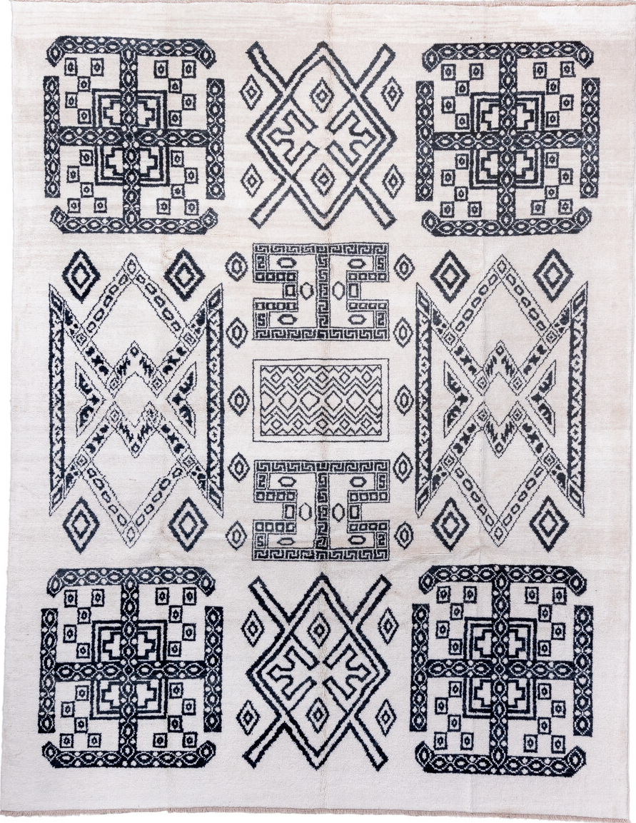 9' x 12' one-of-a-kind handmade vintage Moroccan large size rug. Color palette: black, blue, dim gray, ghost white, gray