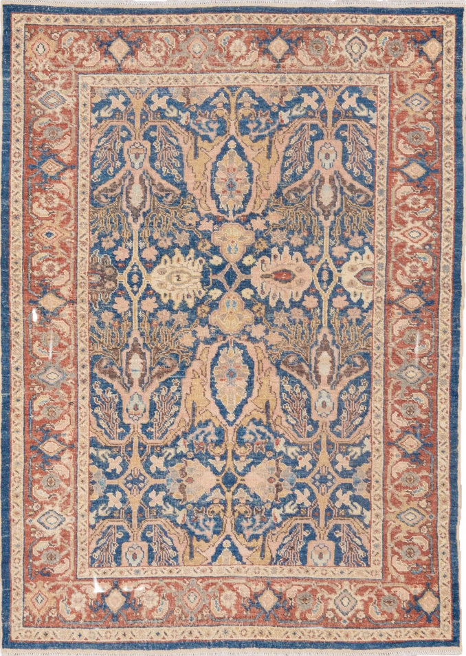 4' x 6' one-of-a-kind handmade vintage Afghan small size rug. Color palette: blue, brown, fiord, gray, light gray