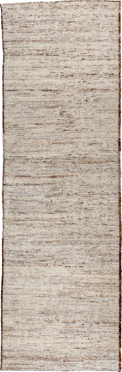 3' x 9' one-of-a-kind handmade vintage Tulu runner rug. Color palette: brown, gray, light gray, off-white