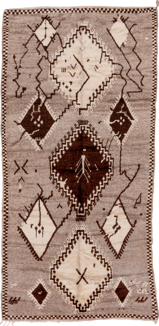 4' x 9' one-of-a-kind handmade vintage Moroccan runner rug. Color palette: black, brown, gray, light gray, off-white, orange