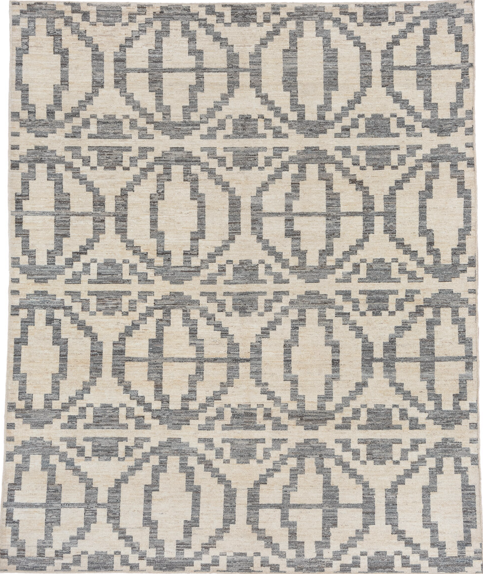 8' x 9' one-of-a-kind handmade vintage Afghan rug. Color palette: brown, dark gray, dim gray, gray, light gray, off-white