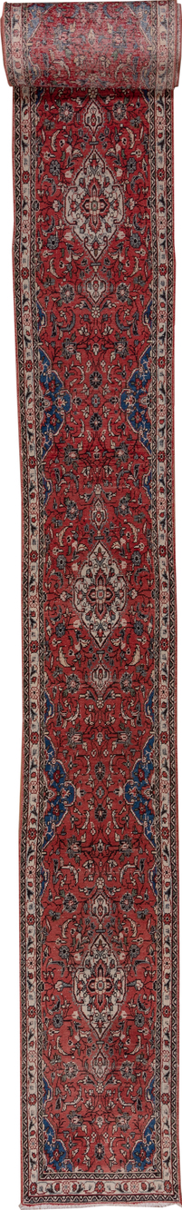 2' x 40' one-of-a-kind handmade vintage Dargazin runner rug. Color palette: brown, gray, off-white, pink, red, snow, white