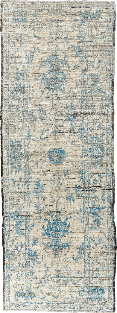 3' x 8' one-of-a-kind handmade vintage Tulu runner rug. Color palette: black, blue, brown, gray, light gray, off-white