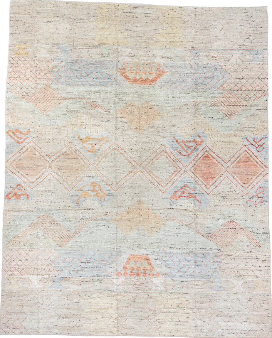 12' x 15' one-of-a-kind handmade vintage Tulu oversize rug. Color palette: dark gray, gainsboro, gray, light gray, off-white