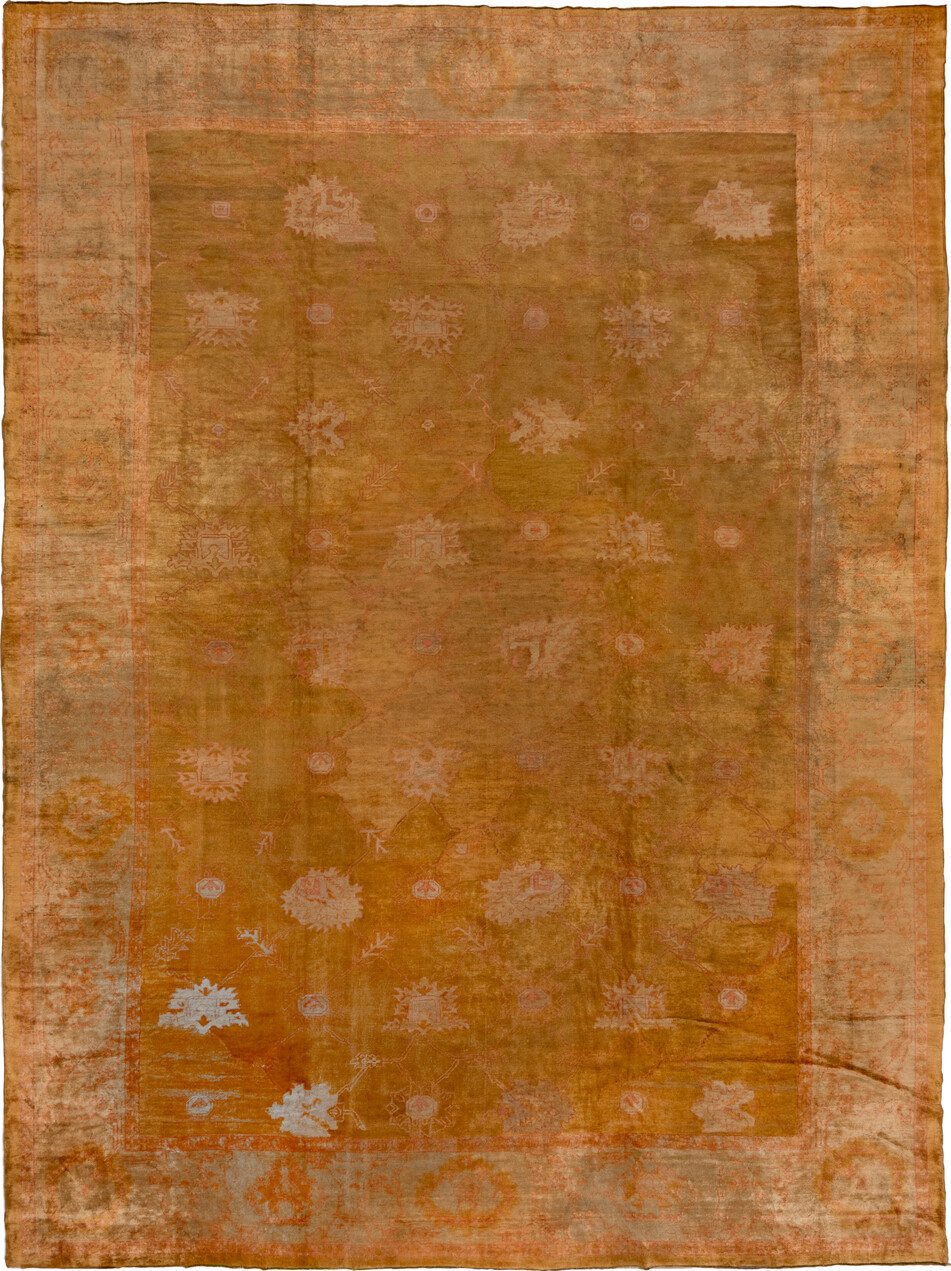 14' x 18' one-of-a-kind handmade vintage Oushak oversize rug. Color palette: brown, saddle brown