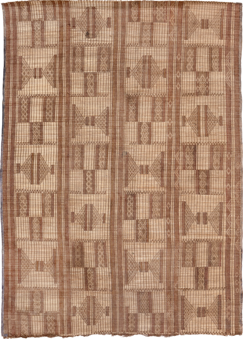 6' x 8' one-of-a-kind handmade vintage Tuareg medium size rug. Color palette: bisque, brown, off-white, orange, peach puff