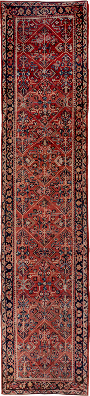 3' x 15' one-of-a-kind handmade vintage Mahal runner rug. Color palette: black, blue, brown, charcoal, dim gray, gray, pink