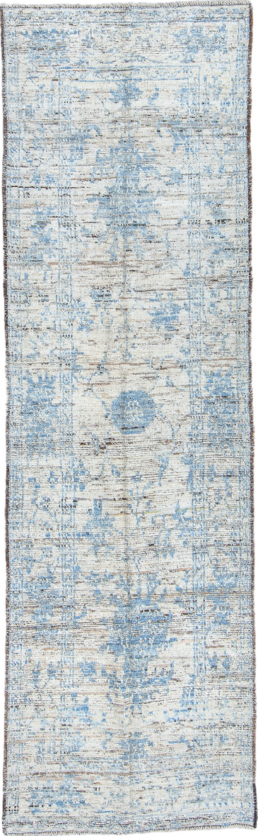 3' x 10' one-of-a-kind handmade vintage Tulu runner rug. Color palette: blue, dark gray, dim gray, gainsboro, gray