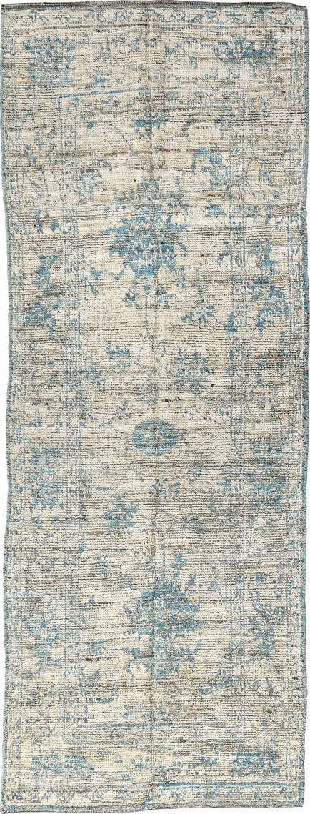 3' x 8' one-of-a-kind handmade vintage Tulu runner rug. Color palette: blue, brown, dark gray, gray, light gray, off-white