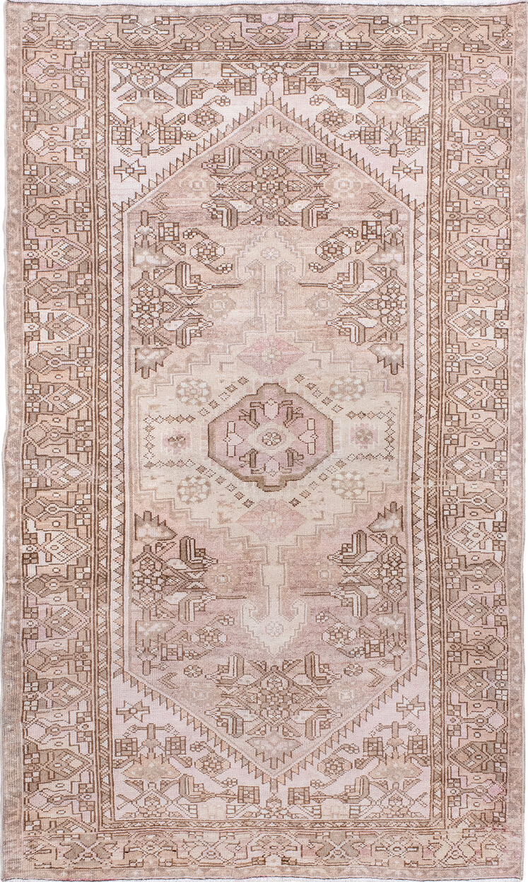 4' x 6' one-of-a-kind handmade vintage Hamadan small size rug. Color palette: brown, gray, light gray, off-white, pink