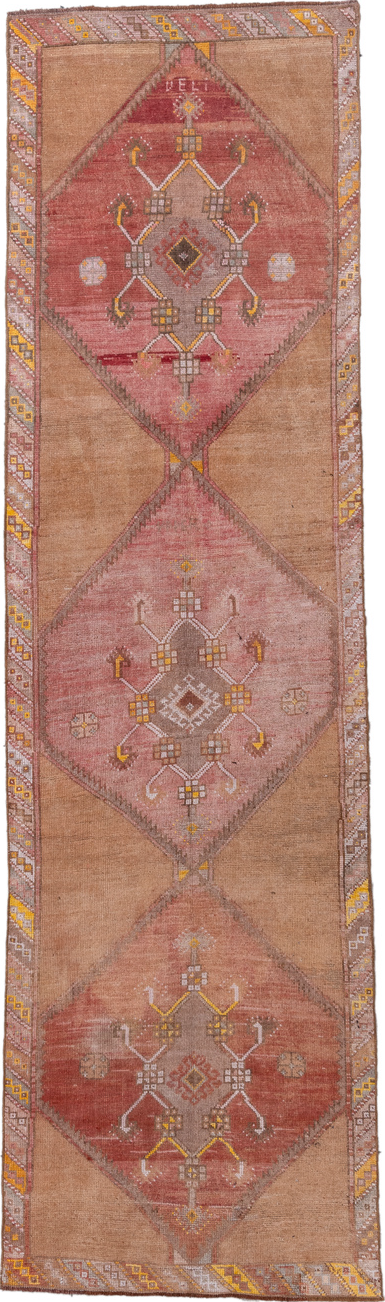 3' x 10' one-of-a-kind handmade vintage Kars runner rug. Color palette: brown, gray, light gray, off-white, orange, pink