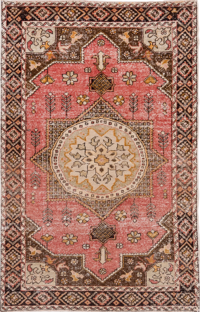 4' x 6' one-of-a-kind handmade vintage Oushak small size rug. Color palette: brown, gray, light gray, off-white, orange