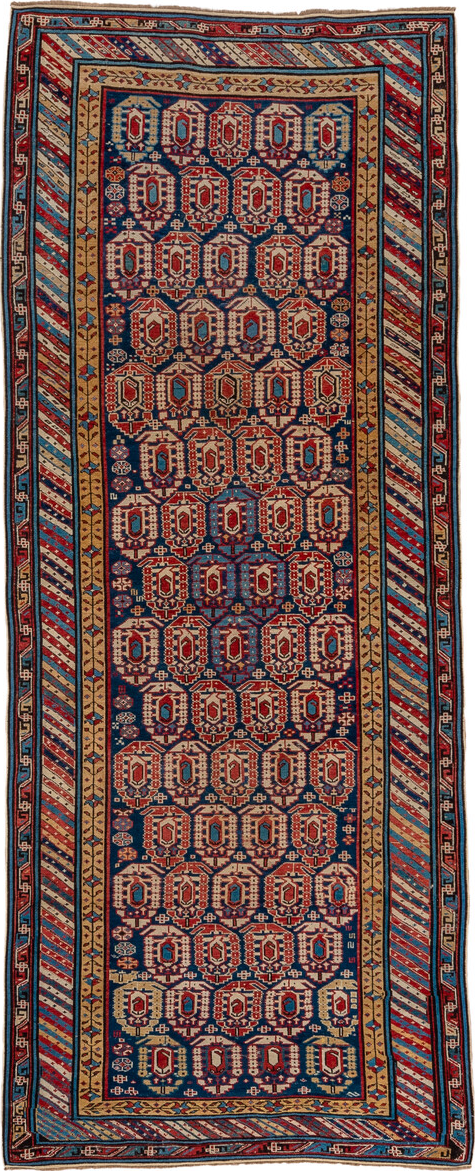 3' x 9' one-of-a-kind handmade vintage Kuba runner rug. Color palette: arapawa, blue, brown, gray, orange, pink, red
