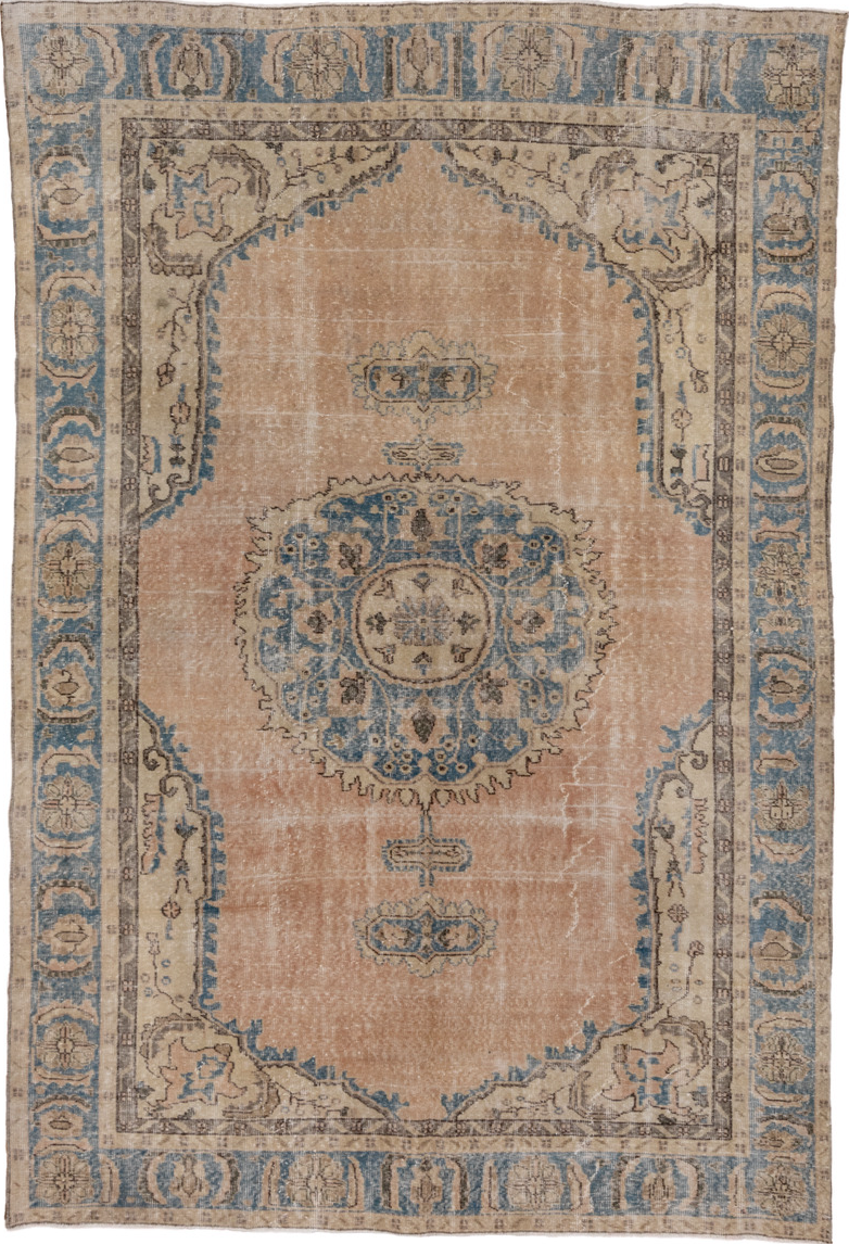 6' x 10' one-of-a-kind handmade vintage Oushak large size rug. Color palette: blue, brown, dim gray, gray, light gray, pink