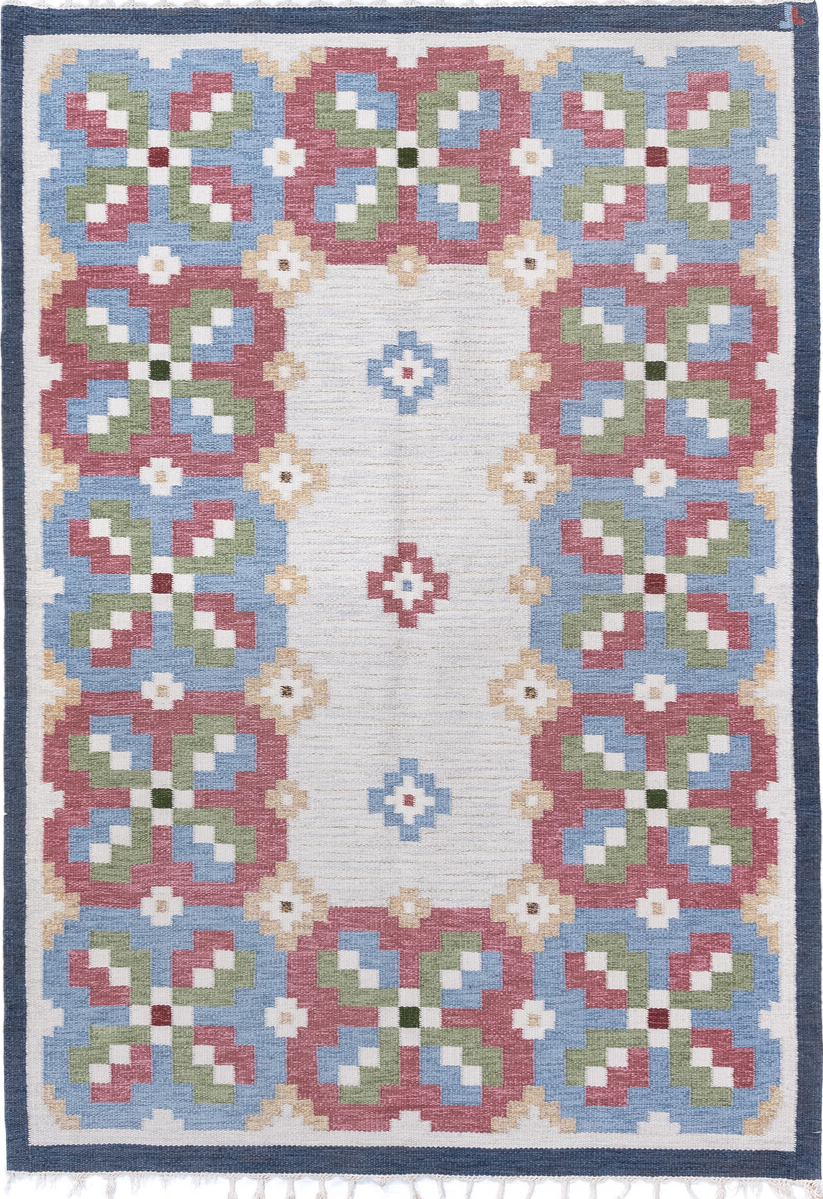 5' x 8' one-of-a-kind handmade vintage Rollaken medium size rug. Color palette: blue, brown, fiord, gainsboro, gray