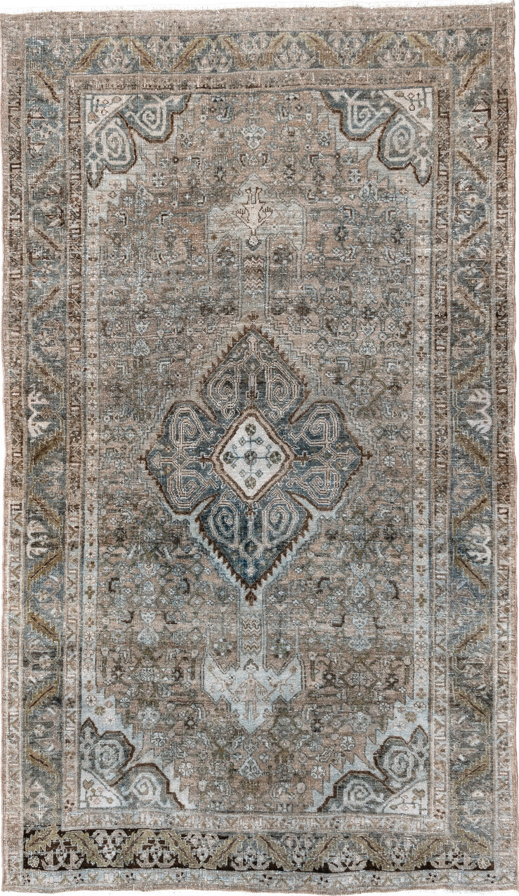 4' x 7' one-of-a-kind handmade vintage Bidjar rug. Color palette: gray, brown, light gray, off-white, pink, black, blue