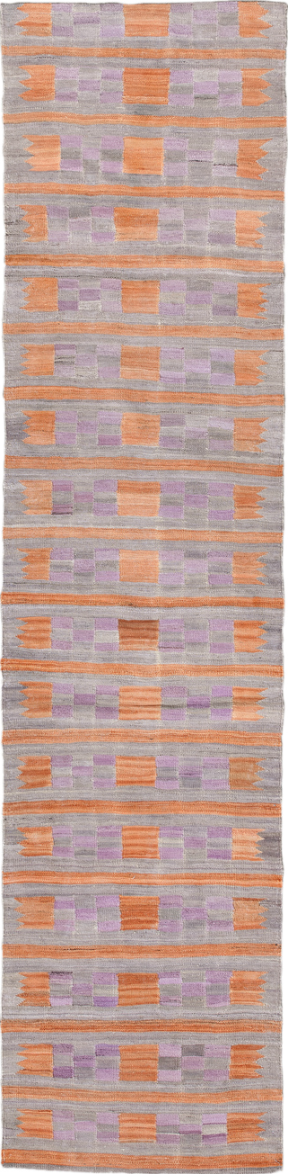 2' x 9' one-of-a-kind handmade vintage Kilim runner rug. Color palette: brown, gray, light gray, off-white, pink