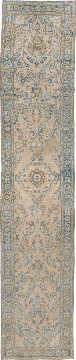 2' x 13' one-of-a-kind handmade vintage Malayer runner rug. Color palette: gray, brown, light gray, off-white, white, snow