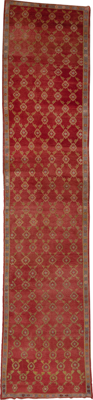 4' x 21' one-of-a-kind handmade vintage Oushak runner rug. Color palette: brown, off-white, pink, red, snow, white