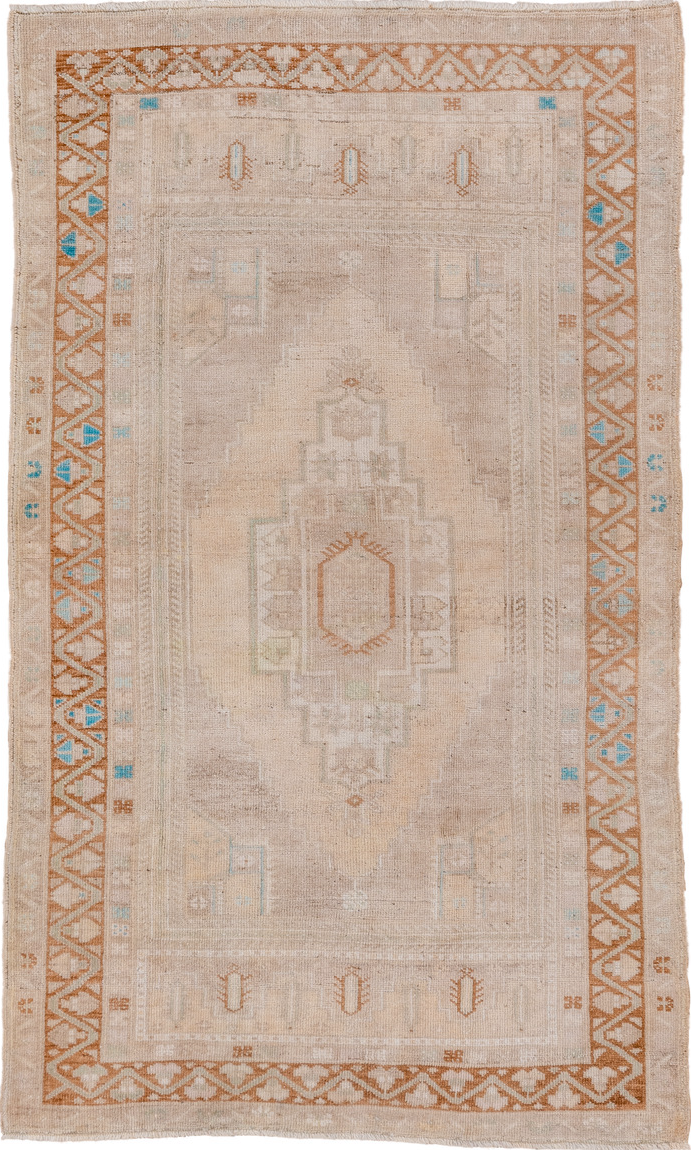 3' x 6' one-of-a-kind handmade vintage Oushak small size rug. Color palette: blue, brown, dark gray, gray, light gray