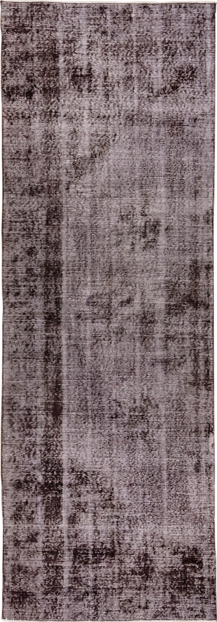 3' x 9' one-of-a-kind handmade vintage Overdyed runner rug. Color palette: gray, light gray, off-white, pink, silver