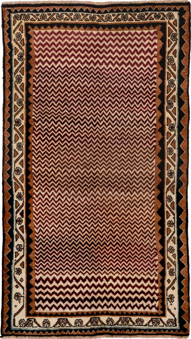 3' x 6' one-of-a-kind handmade vintage Gabbe small size rug. Color palette: black, brown, gray, off-white, orange, pink, red