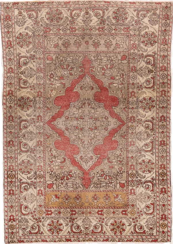 3' x 5' one-of-a-kind handmade vintage Oushak small size rug. Color palette: brown, off-white, orange, pink, red, redwood