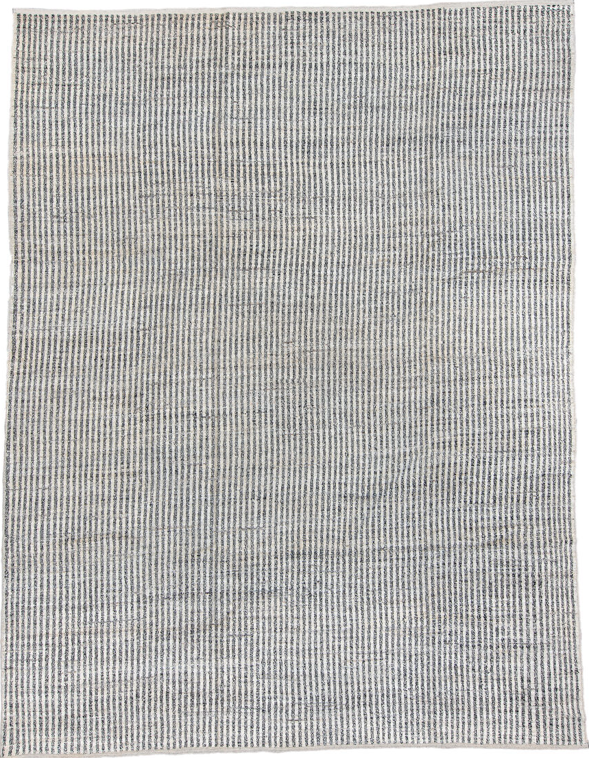 9' x 12' one-of-a-kind handmade vintage Tulu large size rug. Color palette: black, blue, charcoal, dark gray, dim gray