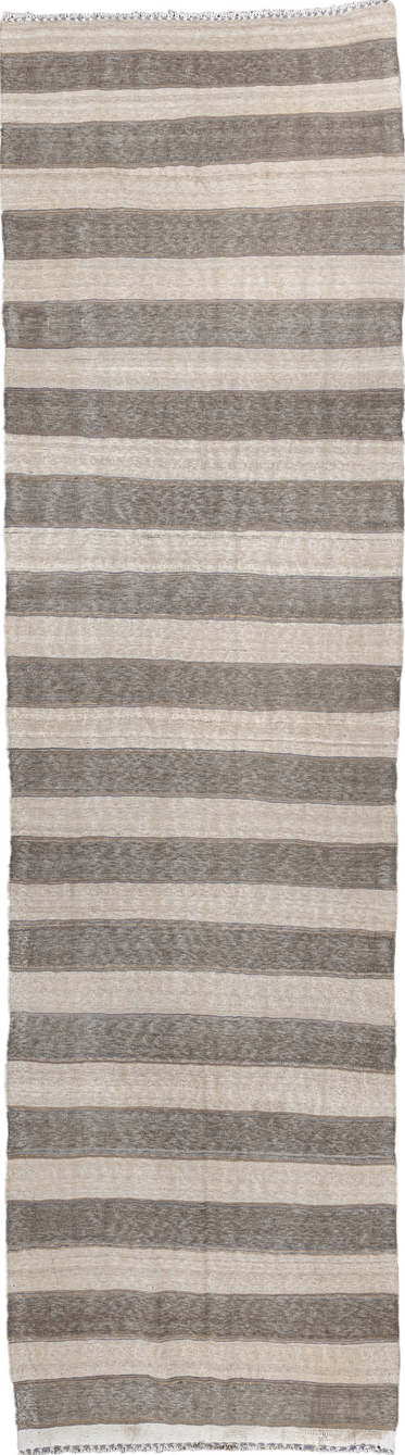 3' x 11' one-of-a-kind handmade vintage Kilim runner rug. Color palette: dark gray, dim gray, gray, light gray, off-white