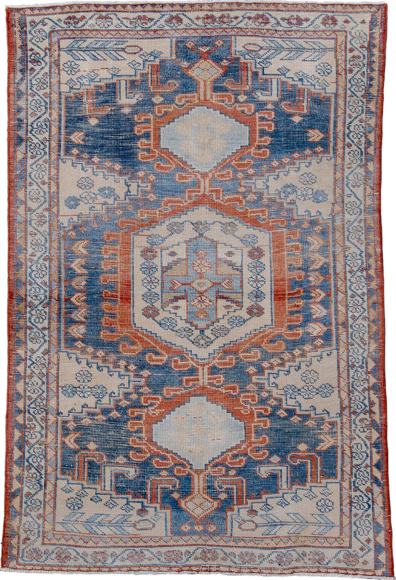 3' x 5' one-of-a-kind handmade vintage Veece small size rug. Color palette: blue, brown, fiord, gainsboro, gray, light blue