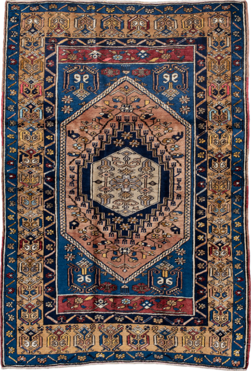 3' x 5' one-of-a-kind handmade vintage Oushak small size rug. Color palette: black, blue, brown, gray, indian red