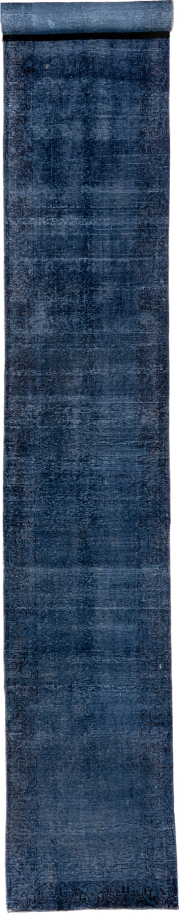 3' x 19' one-of-a-kind handmade vintage Overdyed runner rug. Color palette: blue, fiord, gray, light gray, off-white, silver