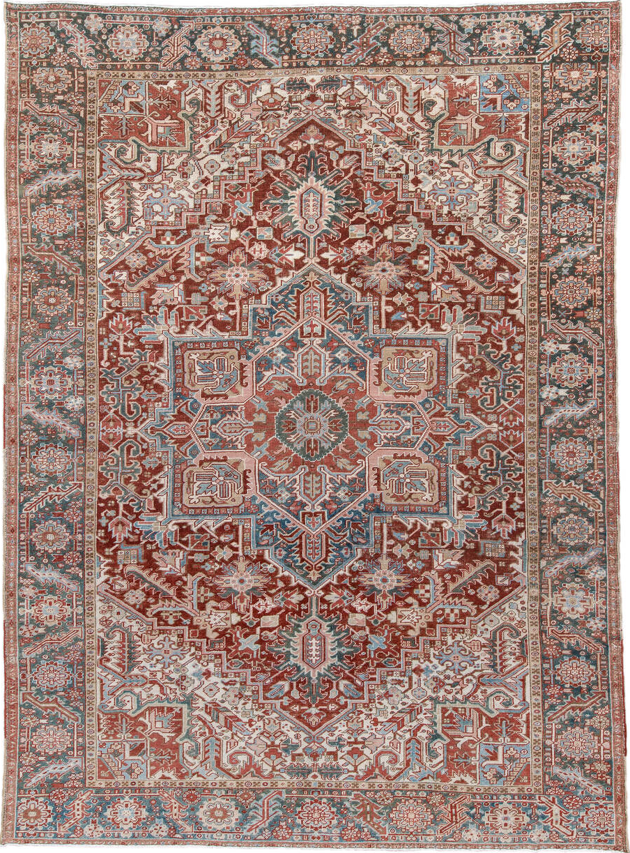 8' x 12' one-of-a-kind handmade vintage Heriz large size rug. Color palette: blue, brown, gray, light gray, off-white, pink