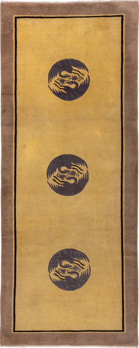 4' x 9' one-of-a-kind handmade vintage Chinese runner rug. Color palette: black, brown, gray, off-white, snow, white