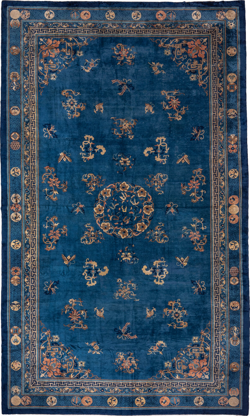 12' x 20' one-of-a-kind handmade vintage Chinese oversize rug. Color palette: blue, brown, burlywood, gray, light gray